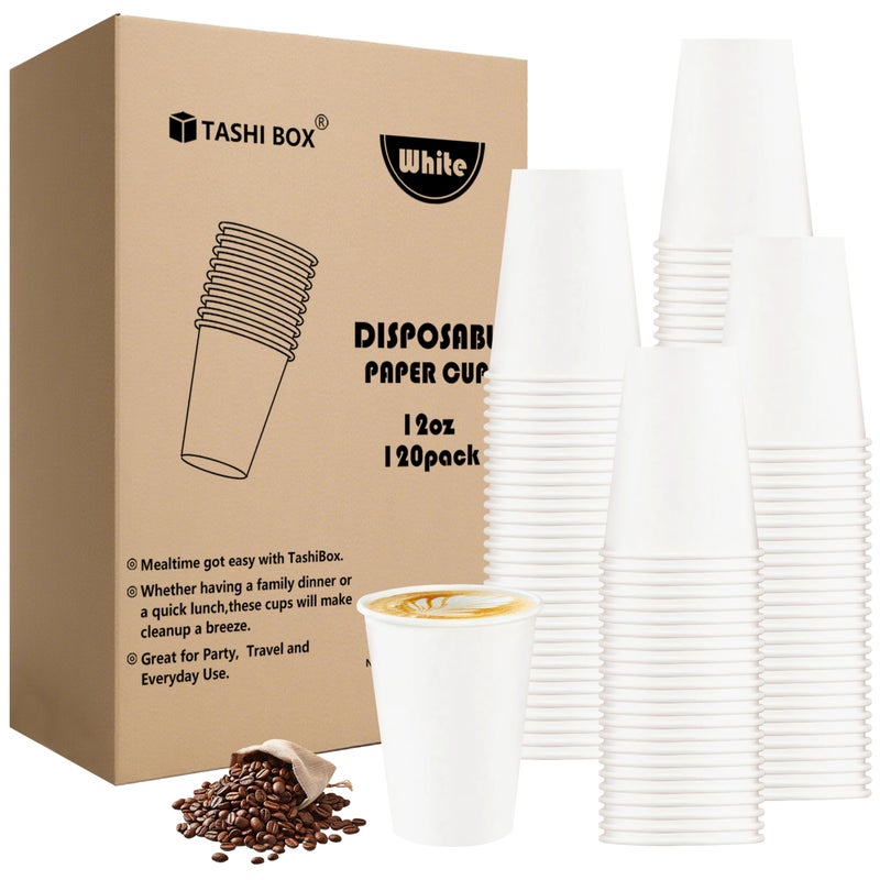TashiBox 12 oz White Hot Drink Paper Cups - 120 Count - Disposable Paper Coffee Cups - Image 1